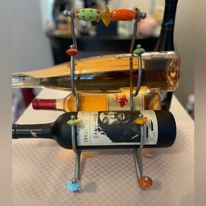 Vintage silver metal tabletop 3 bottle wine holder with colorful glass beads.